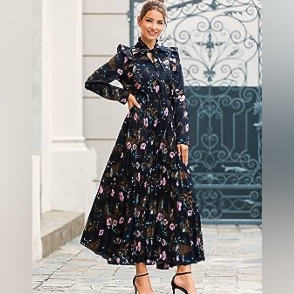 Shein NWT Navy Blue Tie Neck Floral Print Pleated Hem Maxi Dress Size XL